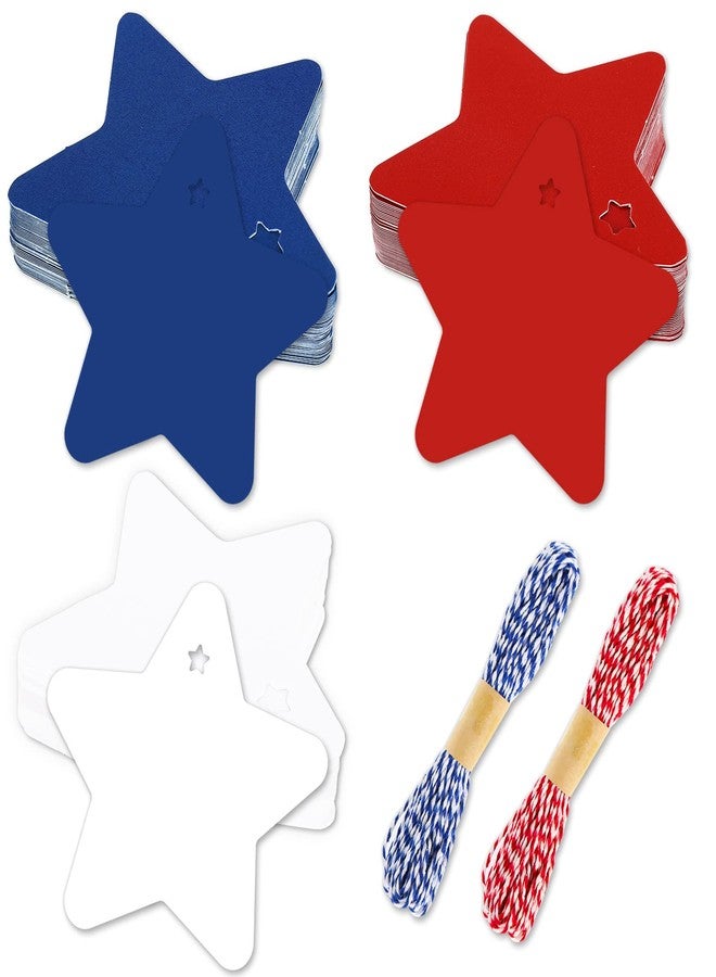 وولاين مجموعة Whaline من 120 قطعة من بطاقات الهدايا على شكل نجوم، بطاقات ورقية وطنية، ملصقات معلقة بنجوم حمراء وزرقاء وبيضاء، ملصقات تهنئة بيوم الاستقلال (4 يوليو) مع لفتين من الخيط، مثالية لتزيين حفلات أعياد الميلاد وحفلات عيد الاستقلال. - Image 1